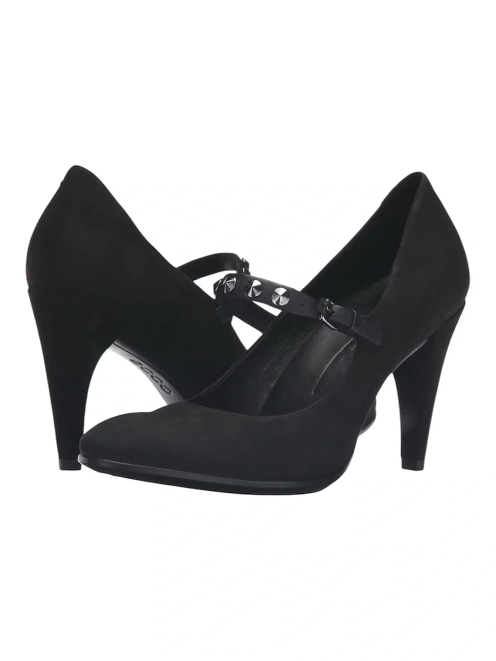 ECCO Shape 75 Sleek Black Suede Mary Jane Studded Pump Heels - Size 8 (EU 38)